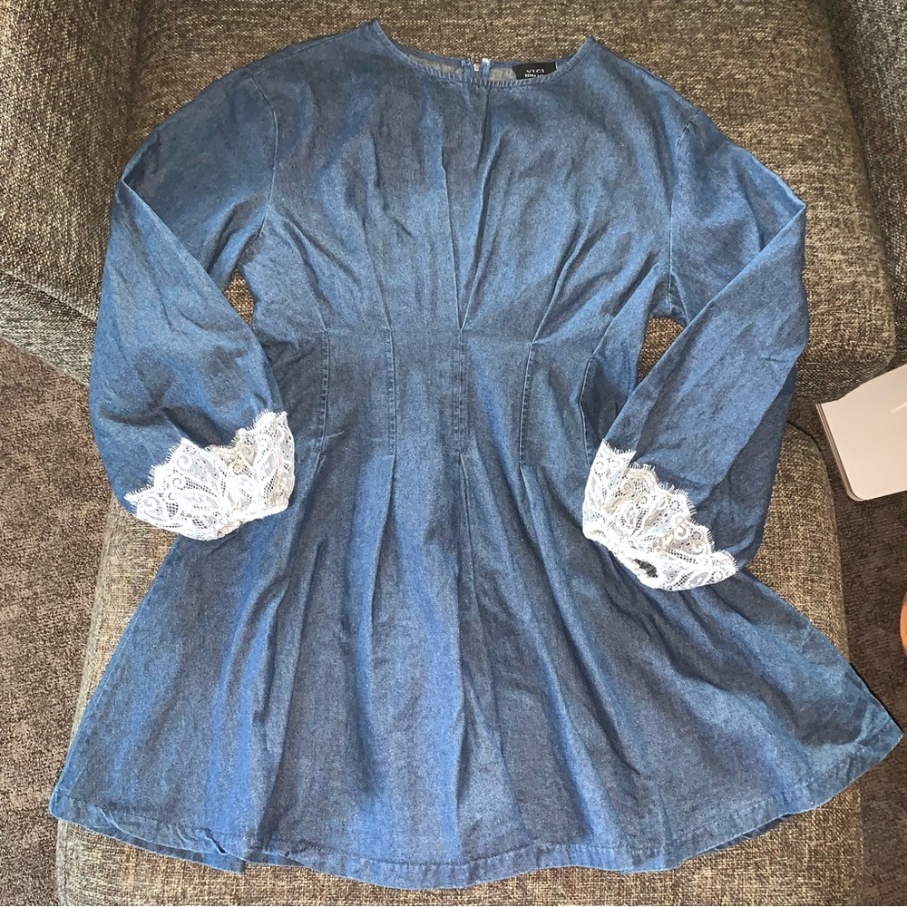 Vici Denim Dress with Lace Accents